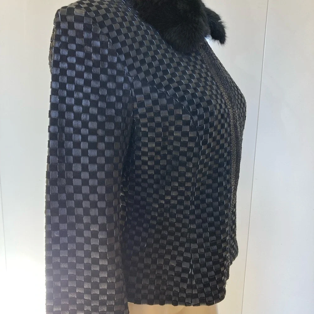 MARVIN RICHARDS weave/rabbit fur collar leather jacket SM NWT